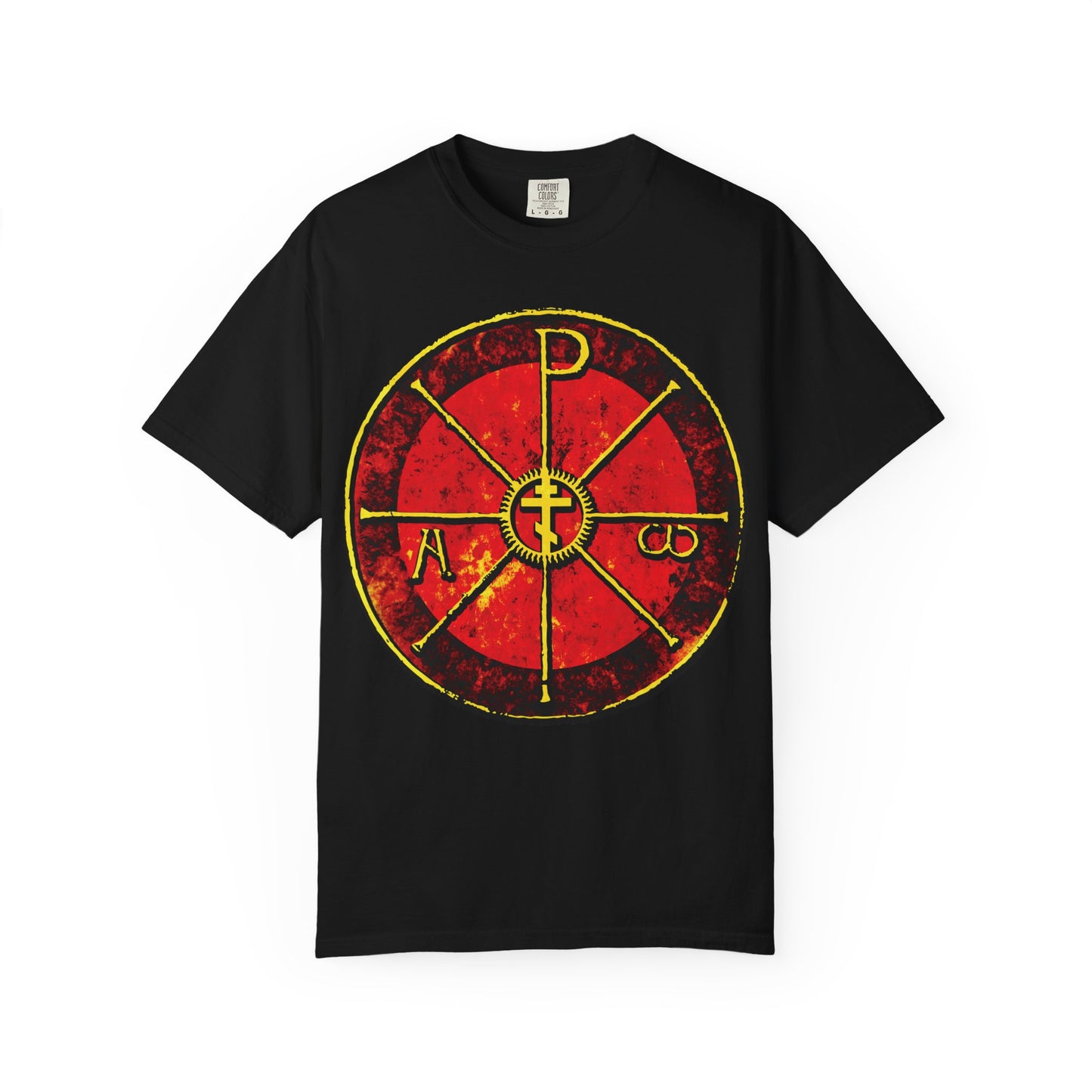 Black "Alpha & Omega Chi Rho Orthodox Cross" t-shirt in heavyweight cotton, featuring a bold red and yellow Christogram design with Greek letters, inspired by ancient Christian art from the Duomo di Milan.