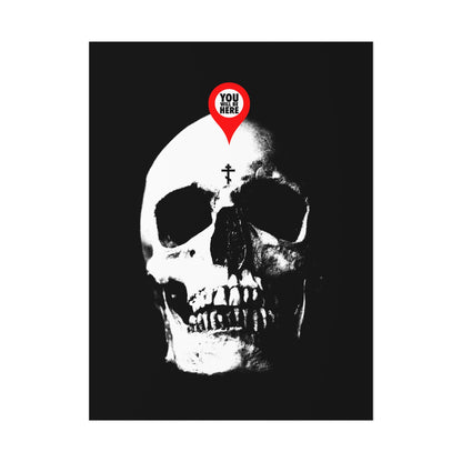 The "You Will Be Here Maps Marker on Skull" poster features a skull with a red location pin and the message "Remember You Will Die," inspired by Orthodox Christian memento mori art to prompt reflection on mortality and spiritual life.