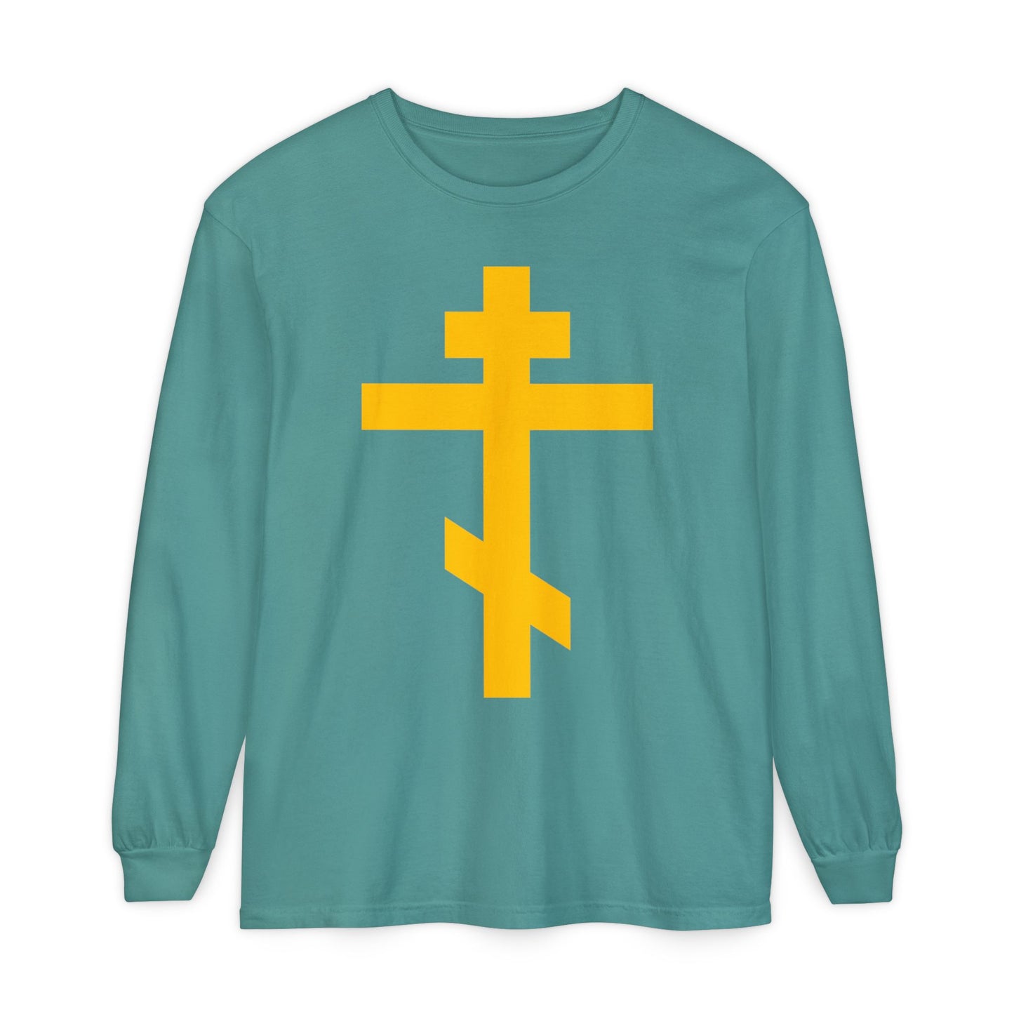 Seafoam long-sleeve Christian cotton shirt featuring a large yellow Orthodox cross—“Precious and Life-Giving Weapon of Unseen Warfare, Scourge of Demons.”.