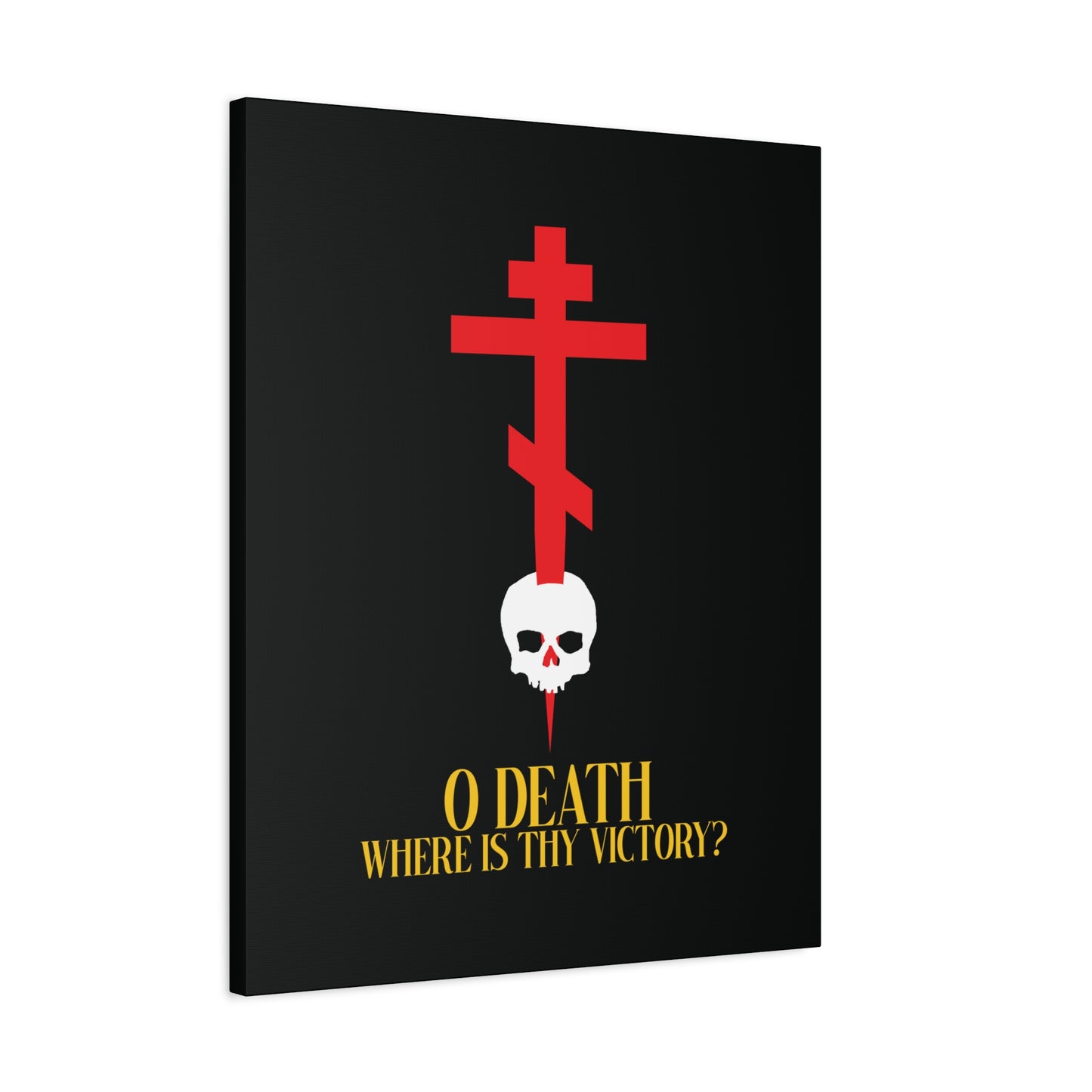 O Death Where is Thy Victory? (1 Corinthians 15:55) | Cross Stabbing Skull | Yellow Text | Orthodox Christian Canvas Art