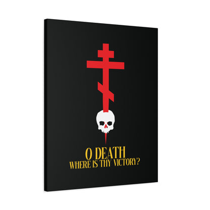 O Death Where is Thy Victory? (1 Corinthians 15:55) | Cross Stabbing Skull | Yellow Text | Orthodox Christian Canvas Art
