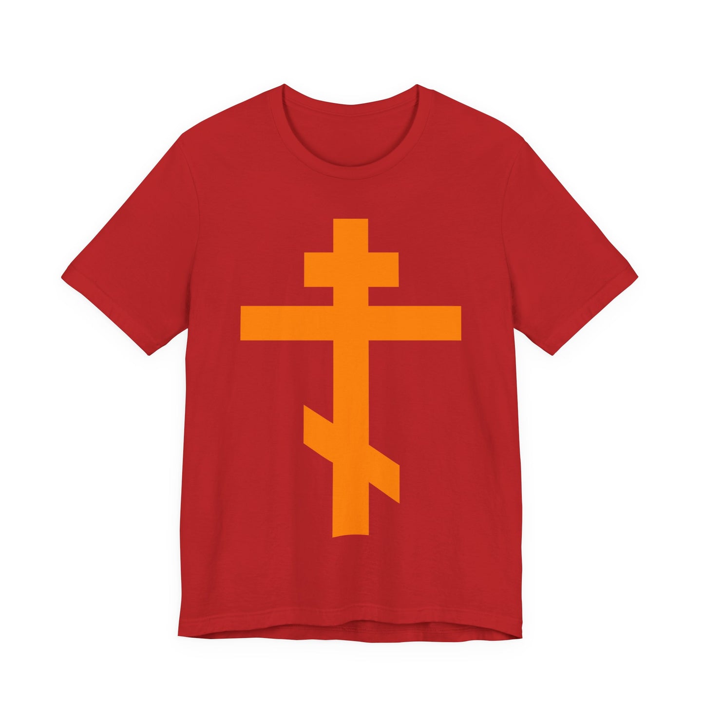 Orange Orthodox Tribar Cross | Preserve Thy People By Thy Cross, O Lord | Christ is King | Christian Unisex Cotton Tee