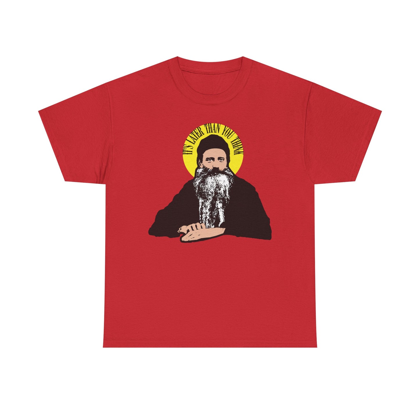 Red "It's Later Than You Think" t-shirt featuring a modern Orthodox saint illustration with Fr Seraphim Rose quote in a yellow halo; Christian heavy cotton tee.