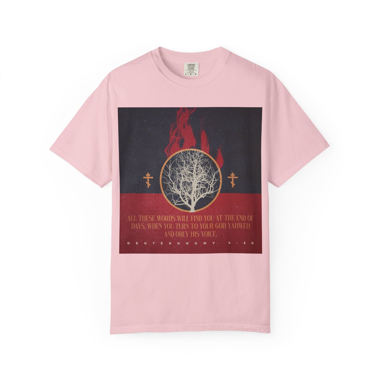 Introducing the “All These Words Will Find You at the End of Days (Deut. 4:30)” Christian Heavyweight Cotton Unisex Tee in Blossom—a distinctive shirt featuring a vivid burning bush, Orthodox crosses, and the powerful reminder of Deuteronomy 4:30 to listen to His voice and honor YHVH’s guidance in every season.