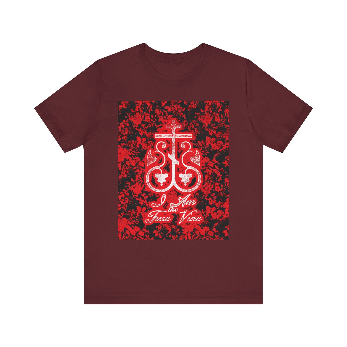 Maroon "I Am the True Vine (John 15:1)" unisex tee featuring a red and black floral design with an Orthodox cross vine monogram. Lightweight cotton for comfort.