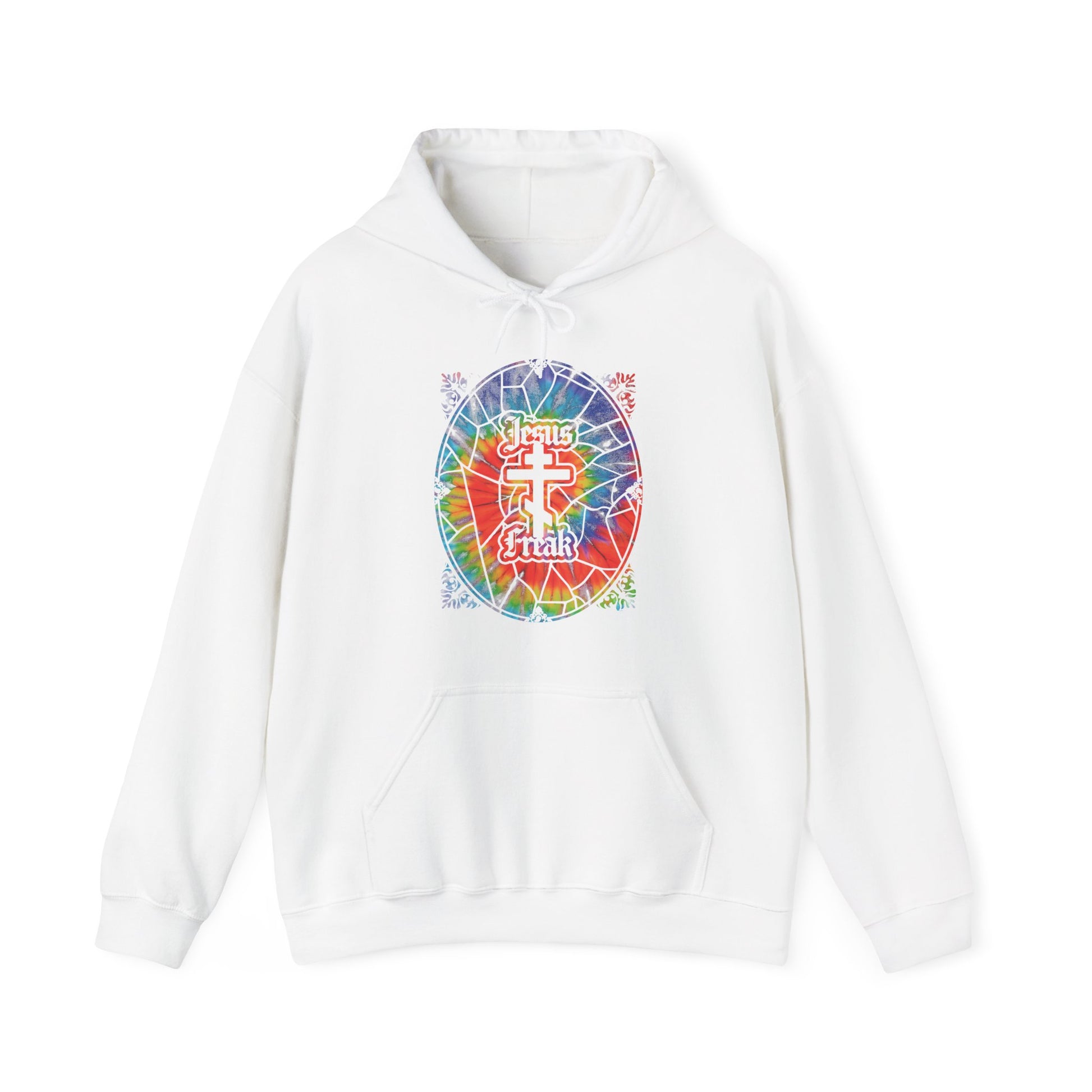 White hoodie featuring a tie-dyed stained glass window design, Orthodox cross, and "Jesus Freak" text inspired by the 70s Jesus Movement and hippie style; includes a front pocket.