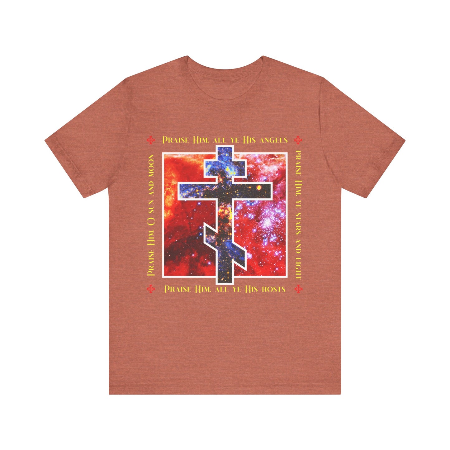 Heather Clay unisex cotton t-shirt featuring a cosmic Orthodox cross and the words: "Praise Him all ye His angels, Praise Him ye stars and light." Part of the Divine Council Christian collection.
