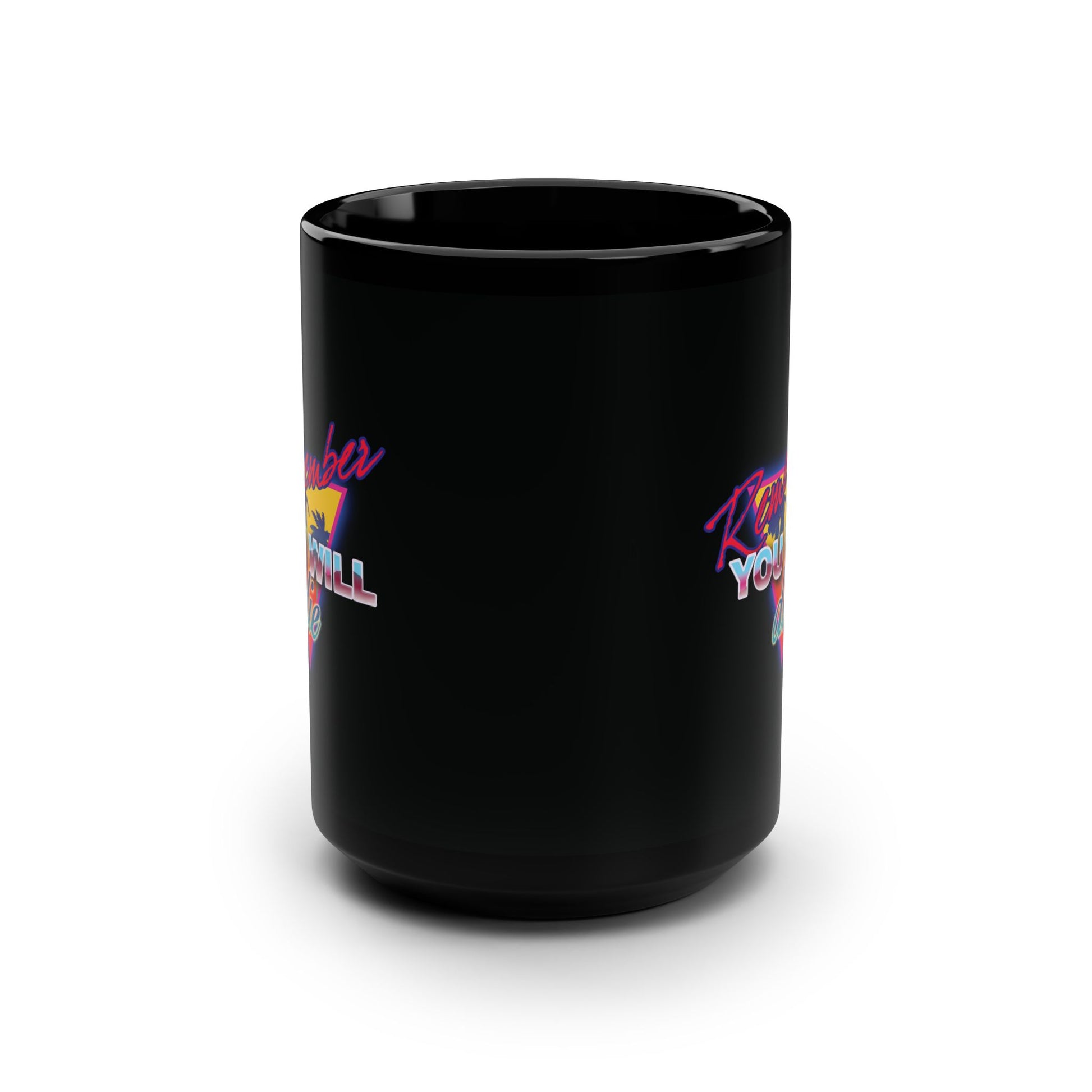 Black mug with "Remember You Will Die" palm tree 80s retro synthwave graphics, inspired by Memento Mori and Orthodox Christianity, referencing The Ladder of Divine Ascent.