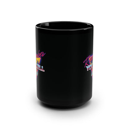 Black mug with "Remember You Will Die" palm tree 80s retro synthwave graphics, inspired by Memento Mori and Orthodox Christianity, referencing The Ladder of Divine Ascent.