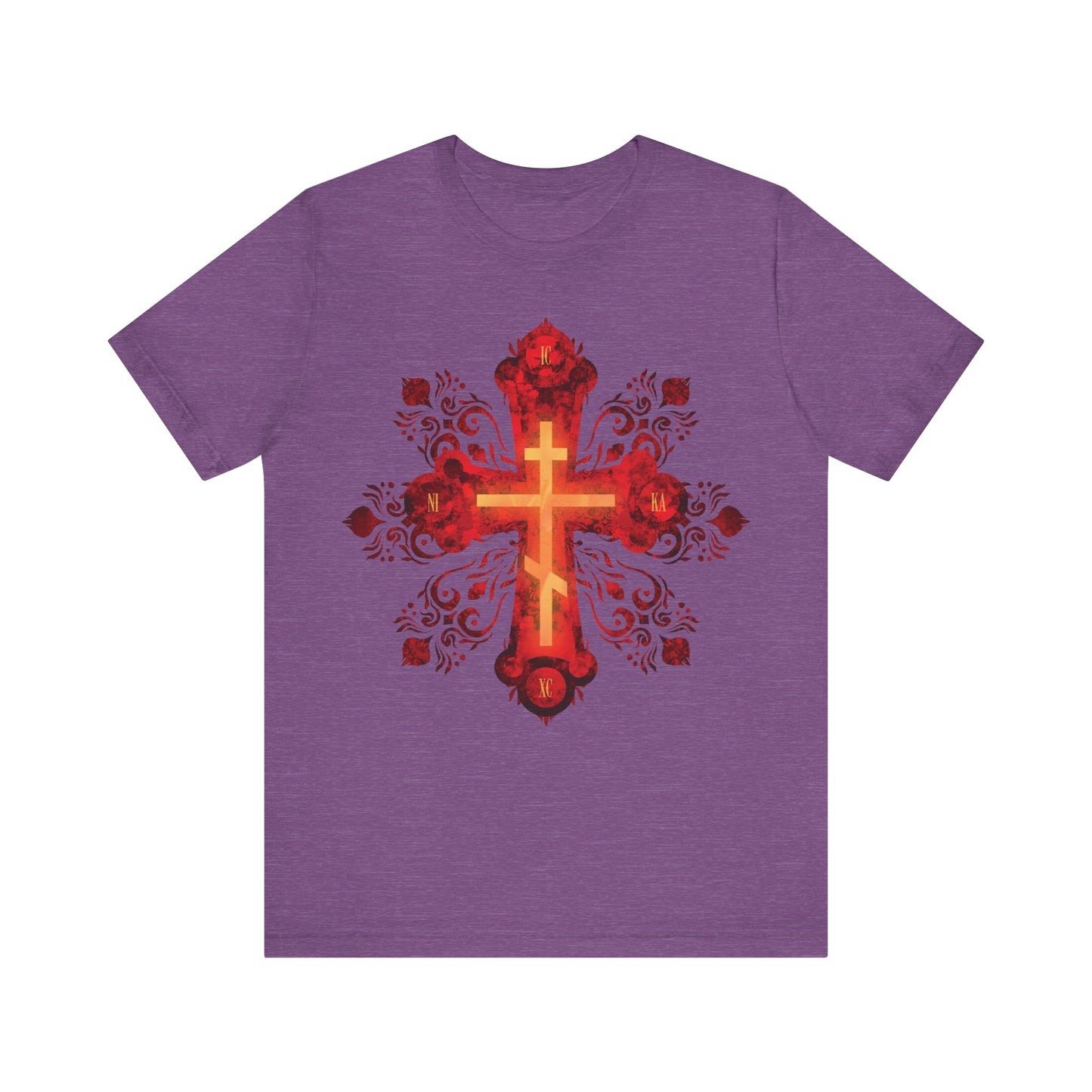 Heather Team Purple unisex tee featuring a red & gold ornate Russian-style Orthodox cross with "He was pierced for our transgressions"—a Christian design symbolizing the journey to a heavenly homeland.