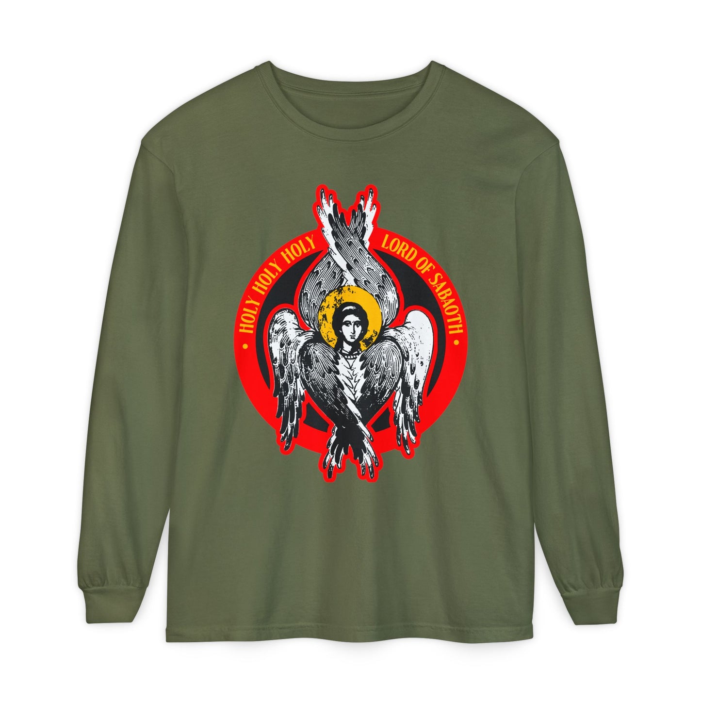 Hemp-colored long sleeve with Orthodox Seraphim angel graphic and “Holy Holy Holy, Lord of Sabaoth” in red text, inspired by Isaiah 6’s throne vision. “Lord of Hosts | Unseen Realm” Orthodox Christian design.