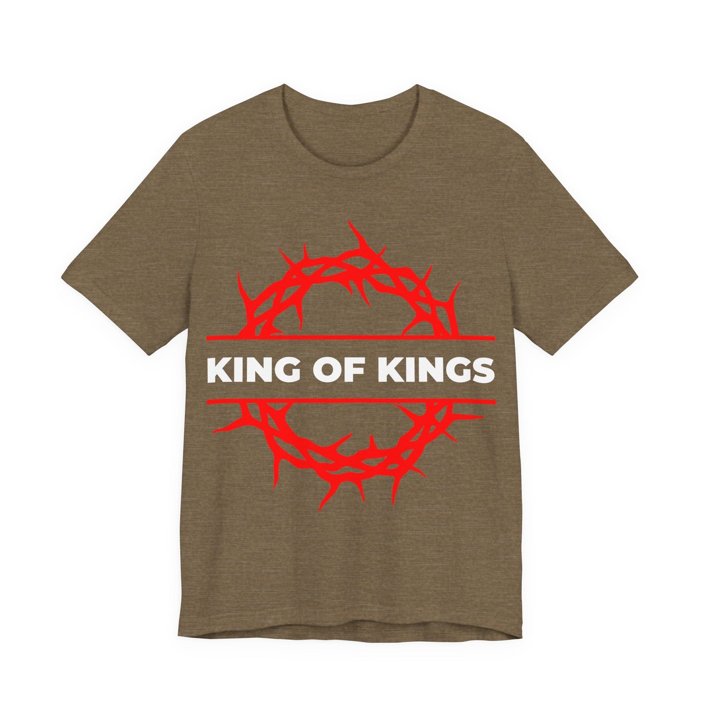 Heather olive unisex tee featuring a red crown of thorns and bold white “KING OF KINGS” on the front, inspired by Revelation 19:16—Christ as King of Kings. Perfect for Orthodox Christians. Cotton.