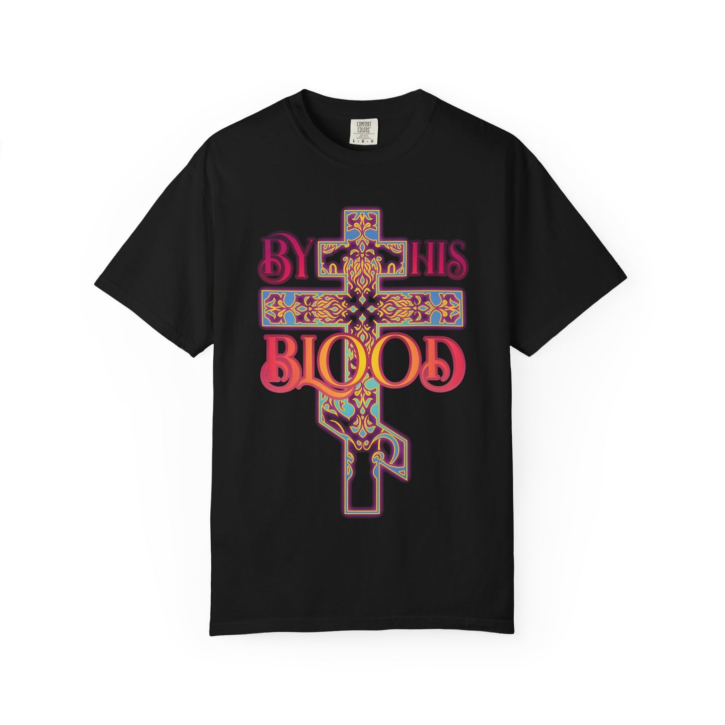 Black heavyweight cotton unisex tee featuring a glowing ornate Orthodox cross in an 80s color scheme and the phrase "By His Blood" in bold, colorful letters on the front—symbolizing atonement and eternal redemption.