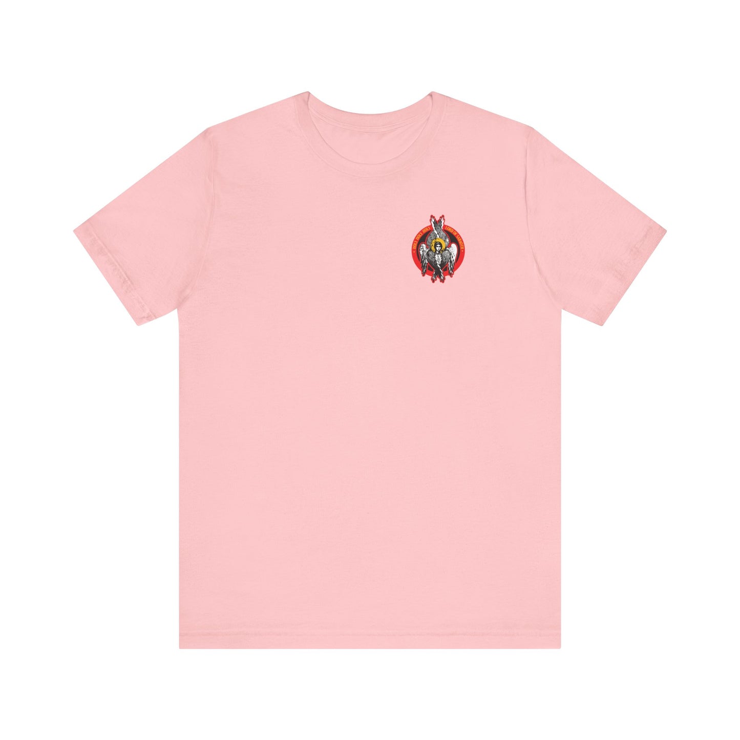 Pink Holy Holy Holy Seraphim Angel Icono-Graphic t-shirt featuring a small angel-inspired design on the upper left chest. Lightweight cotton, unisex fit, celebrating heavenly hosts and Christian kindness.