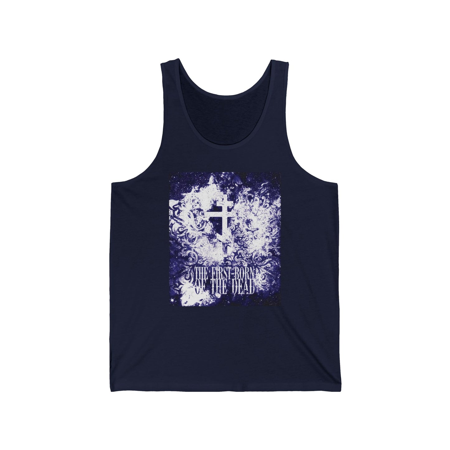 Navy tank top featuring a glowing white and blue cosmic Orthodox cross with the text "The First-Born of the Dead," honoring Christ’s resurrection.