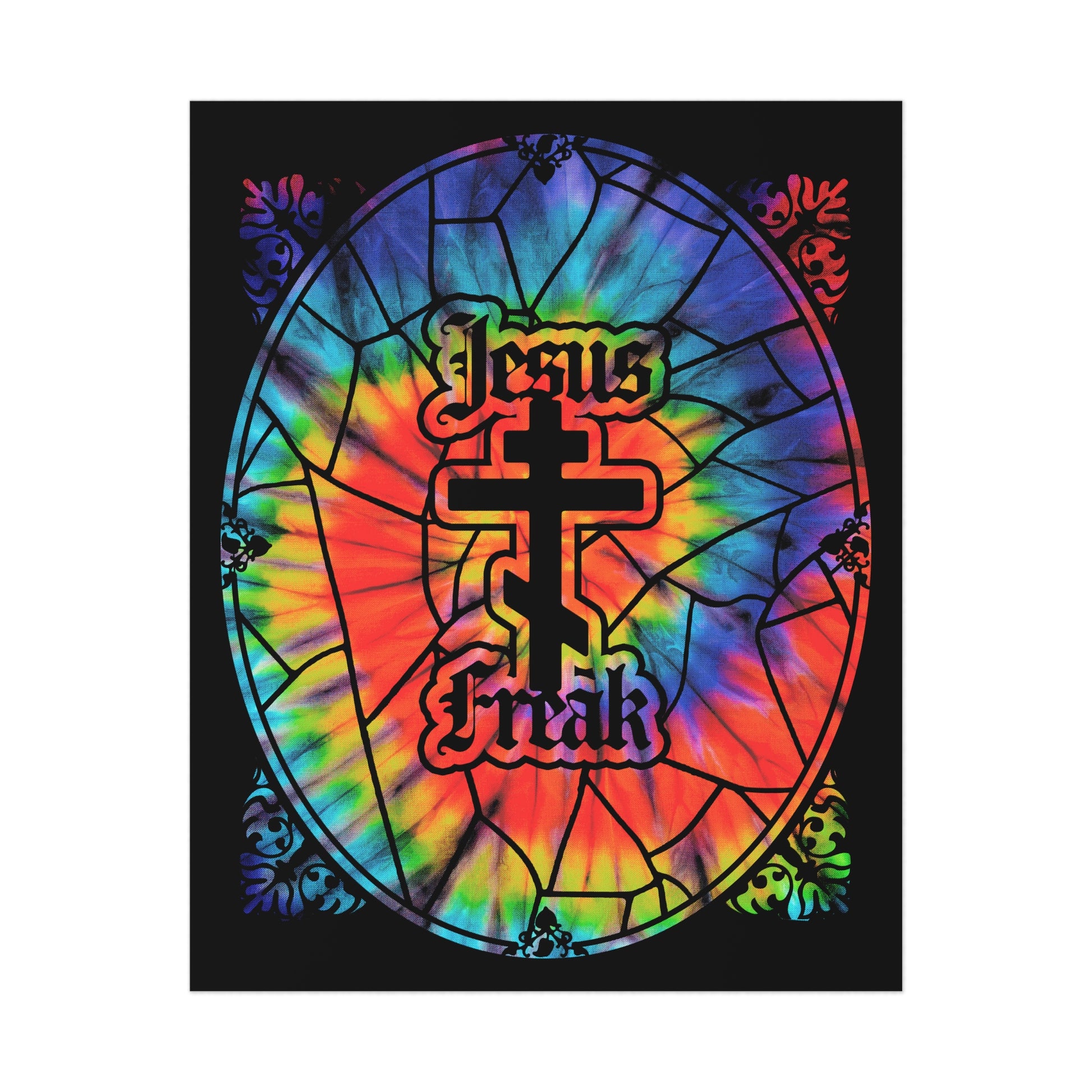Tie-dyed "Jesus Freak" poster with an Orthodox cross and stained glass window border, inspired by the 70s Jesus Movement—Christian art for hippies and fans of vintage Duane Pederson style.