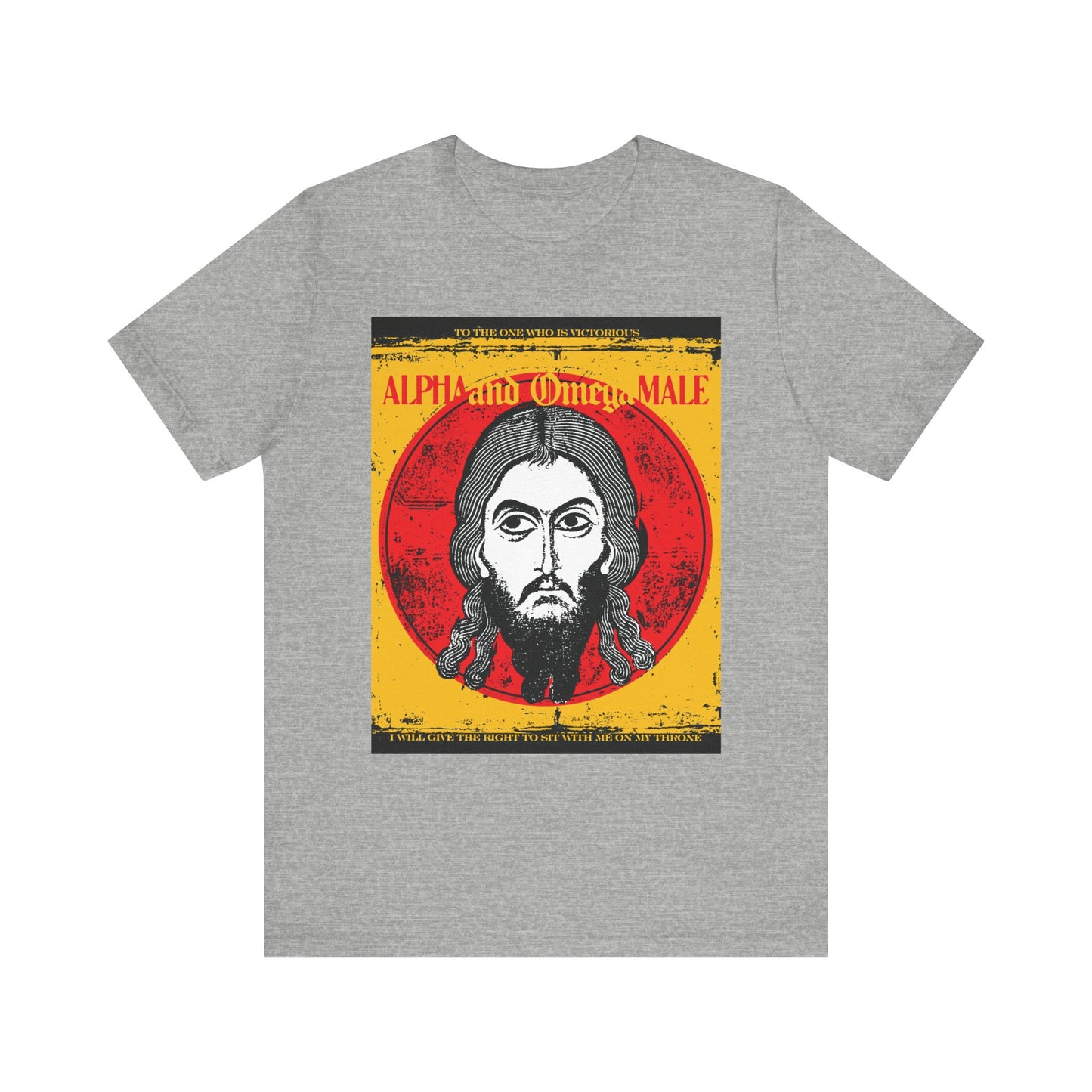 Athletic Heather T-shirt with Jesus Christ Image of Edessa graphic, red and yellow background, "ALPHA" and "Omega MALE" text—Inspired by the Alpha & Omega in Revelation. Unisex lightweight cotton tee: Alpha & Omega Male Edition.