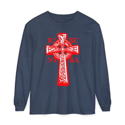 Midnight long sleeve featuring the ICXC NIKA Celtic Knotwork Cross in black and white on a red background—symbolizing Jesus Christ's victory. Traditional Orthodox Christian design expressing salvation and faith.