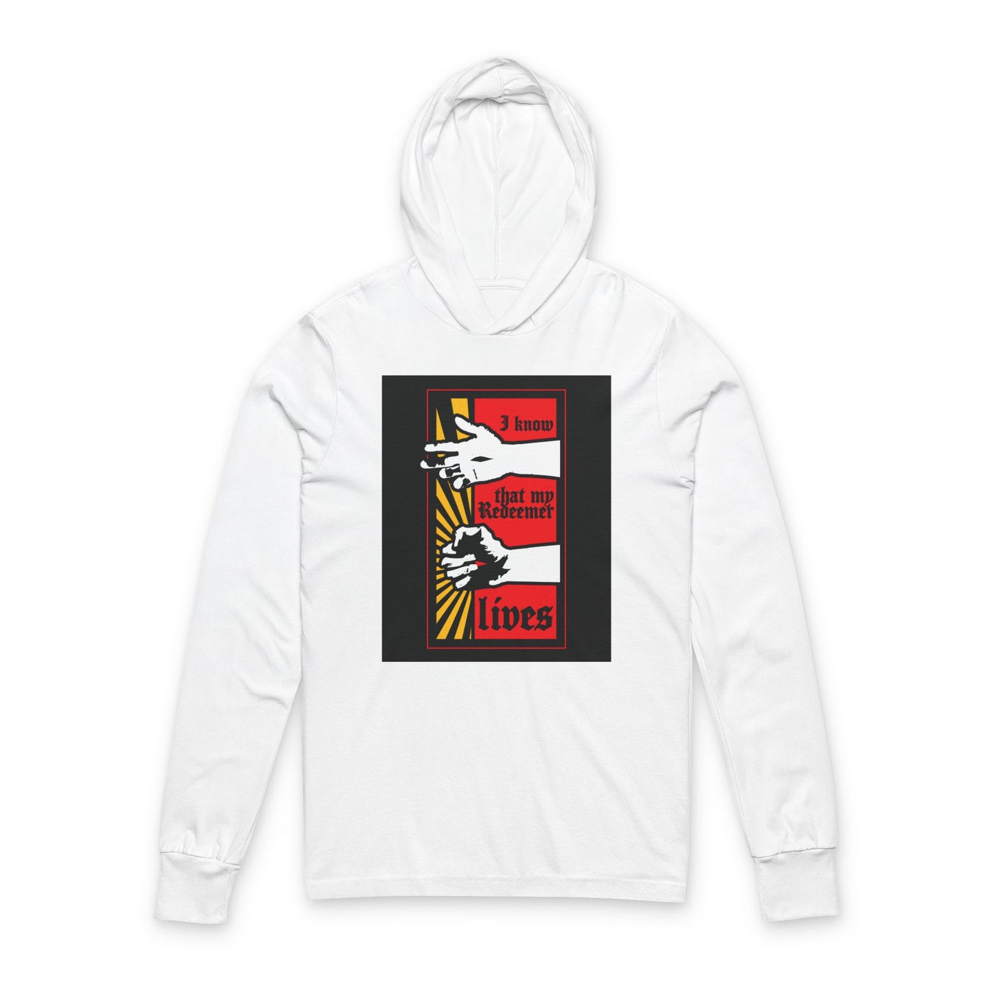White “I Know That My Redeemer Lives” hoodie features a comic book style design of resurrected Jesus’ fist radiating divine power, inspired by Job 19:25—an Orthodox Christian hooded shirt in bold white.