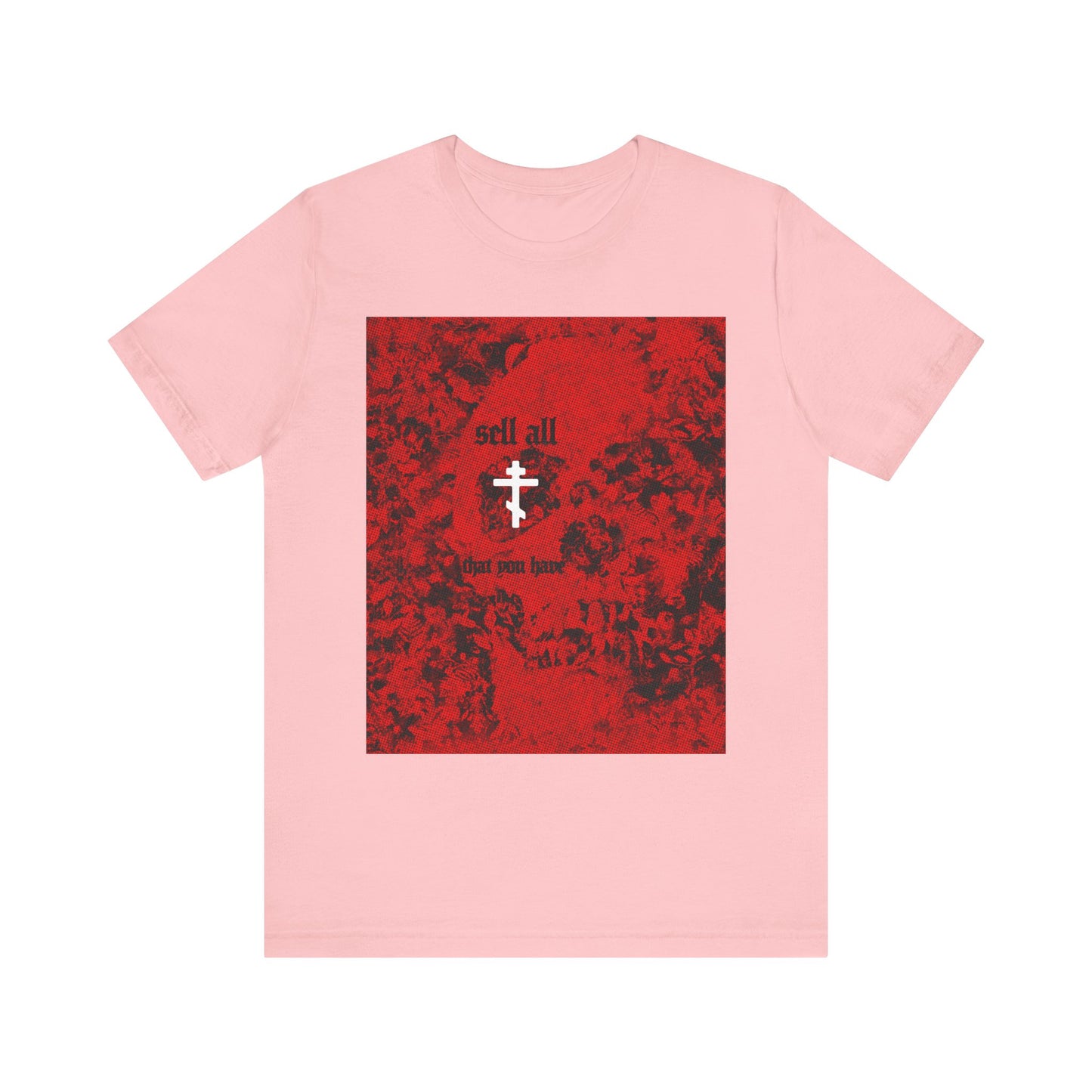Pink "Sell All That You Have (Matthew 19:21)" Christian lightweight cotton unisex t-shirt featuring a red halftone skull graphic, a white Orthodox cross, and text inspired by the commandments and the message of eternal life from Matthew 19:16-21.