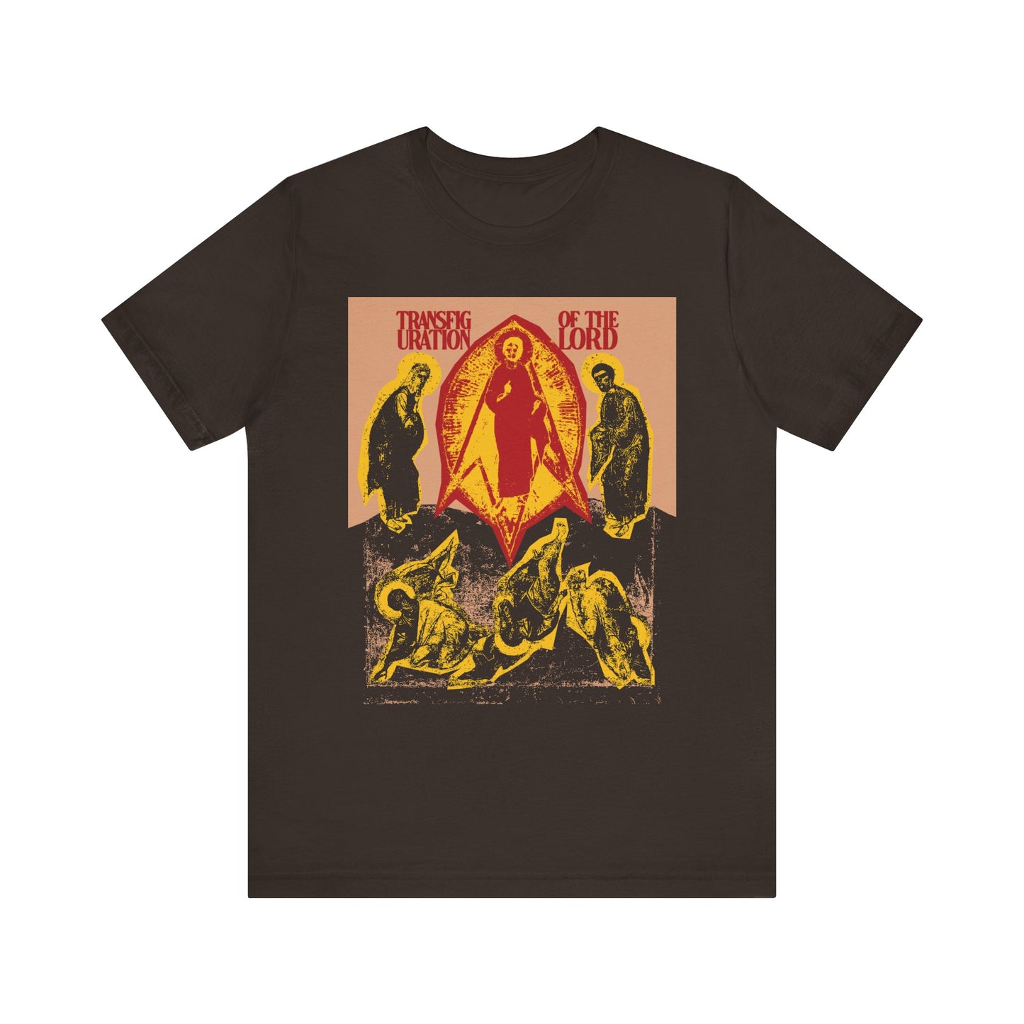 Brown unisex tee in lightweight cotton, featuring a punk zine cut-out aesthetic of the Transfiguration of the Lord, inspired by Orthodox Christian iconography.
