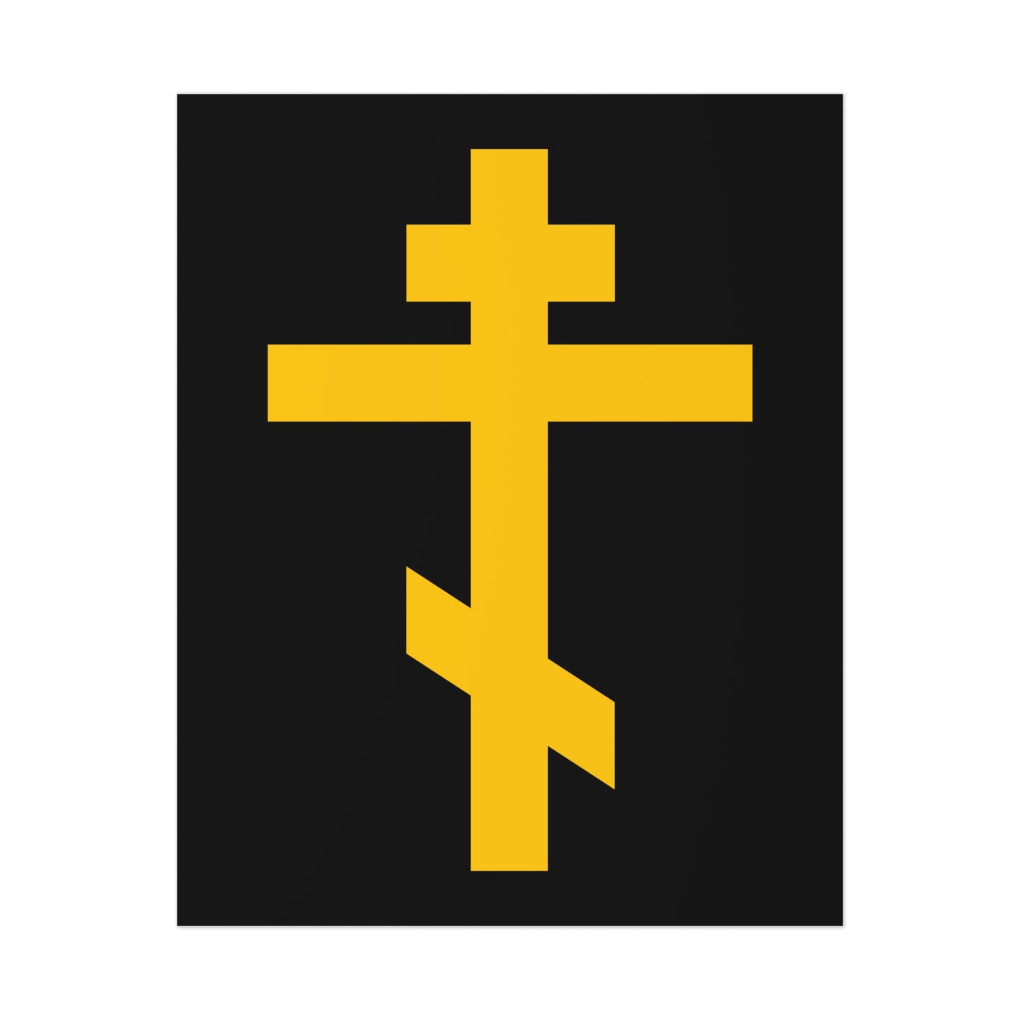 The "Yellow Orthodox Cross Black Background" poster depicts the precious, life-giving weapon of unseen warfare—the Orthodox cross—symbolizing faith and victory over demons, inspired by Galatians 2:20.