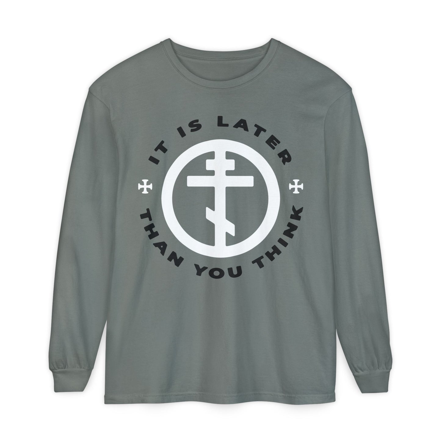 Grey "It Is Later Than You Think" long-sleeve features an Orthodox cross in a circle, inspired by Fr Seraphim Rose and Romans 13:10-12’s call to put on the armour of light. Christian memento mori design.