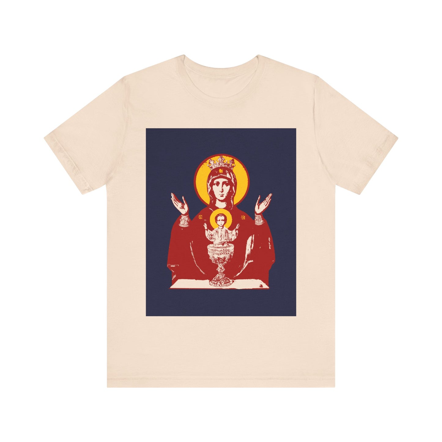 Soft Cream Orthodox Christian t-shirt featuring an icon of the Holy Theotokos "Inexhaustible Chalice"—Deliverer from Addictions and Conqueror of Passions—with a crowned Madonna and Child on a navy background.