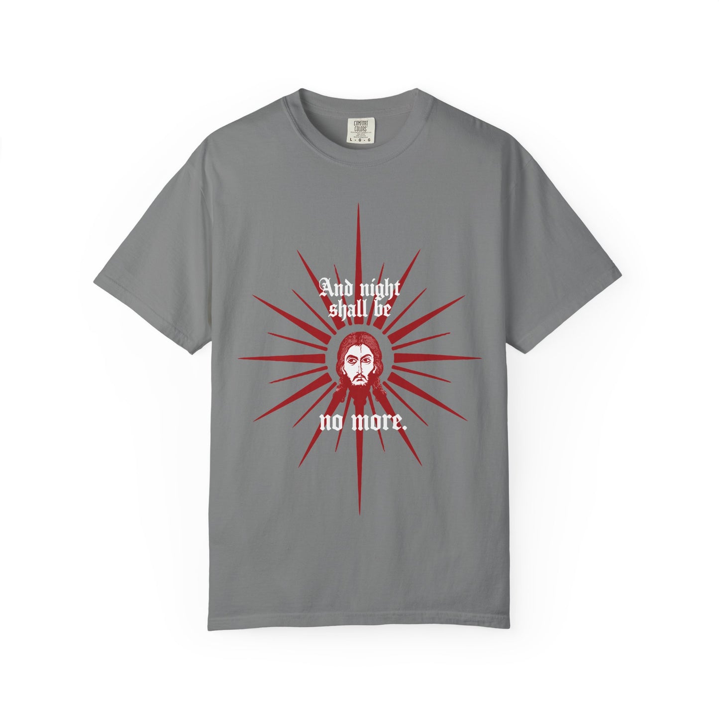 And Night Shall Be No More (Rev 22:5) | Red & White Design | Face of Jesus Christ Icono-Graphic | Orthodox Heavyweight Cotton Unisex Tee