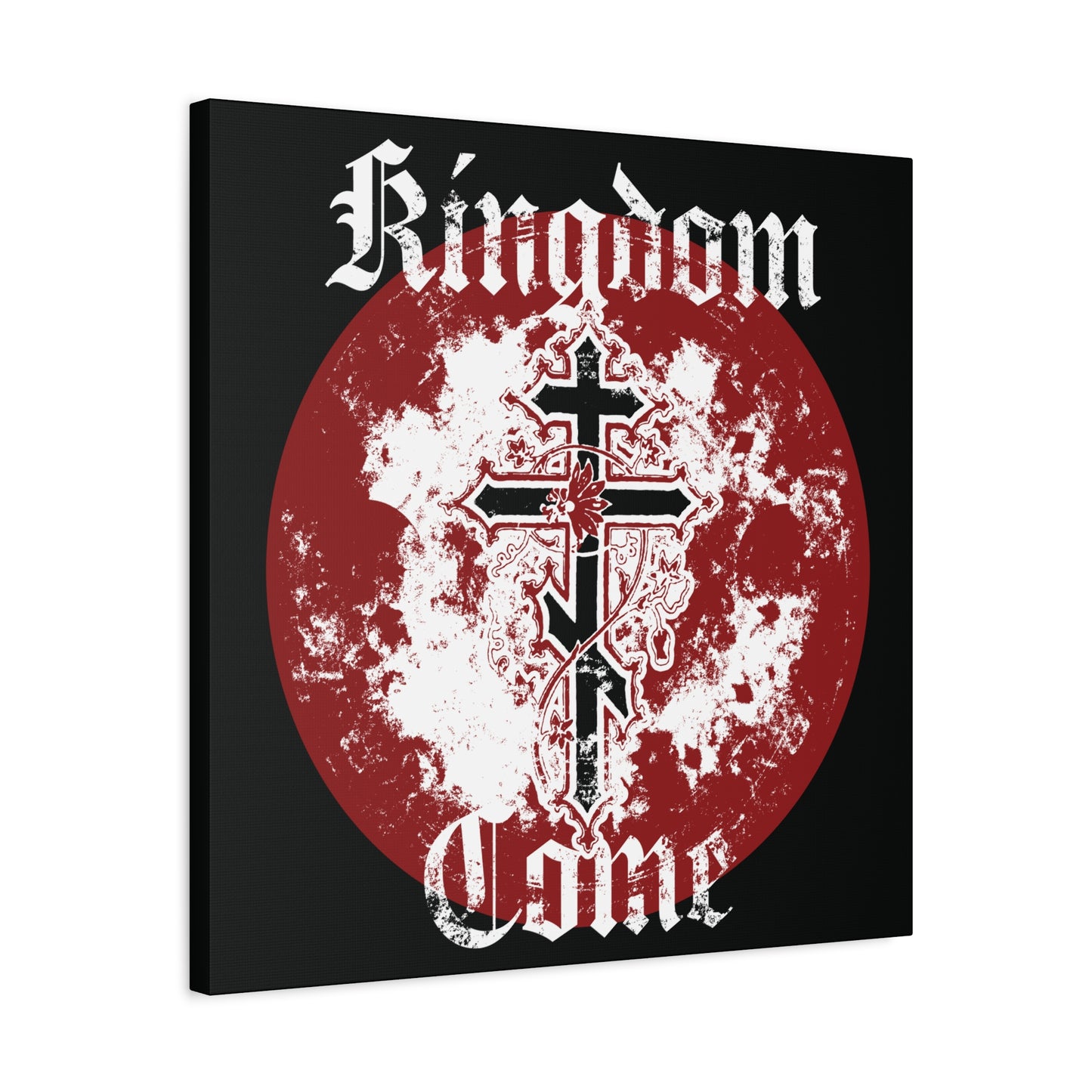 The "Kingdom Come | Lord's Prayer" canvas features a black background, red distressed circle, Orthodox vine cross, and gothic text—Orthodox Christian art inspired by the Lord’s Prayer.