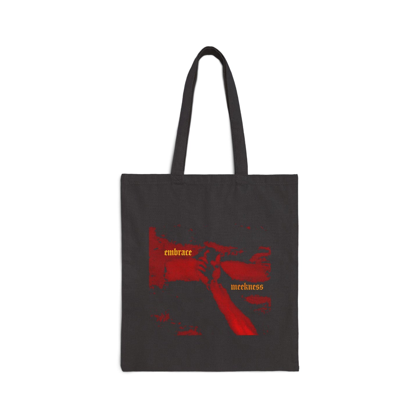 Embrace Meekness | Haunting Crucified Hand of Christ | Kenosis | Meek Shall Inherit Earth | Haltone Art | Gothic Font | Christian Tote Bag