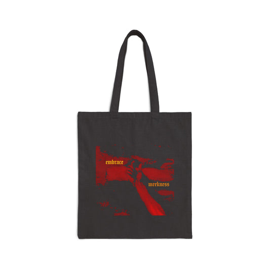 Embrace Meekness | Haunting Crucified Hand of Christ | Kenosis | Meek Shall Inherit Earth | Haltone Art | Gothic Font | Christian Tote Bag