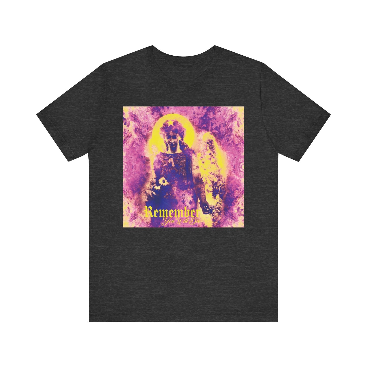 Dark Grey Heather t-shirt featuring a pastel goth psychedelic cemetery angel graphic and the phrase "Remember You Will Die" on the front, expressing themes of Orthodox Christian reflection and spiritual encouragement.
