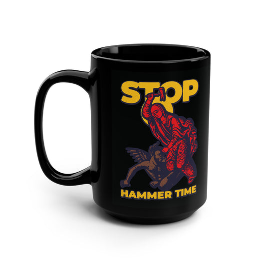 Black mug with red, blue, and yellow design of St. Marina of Antioch beating the devil with a hammer. Features bold "STOP HAMMER TIME" text. Modern Orthodox Christian meme style.