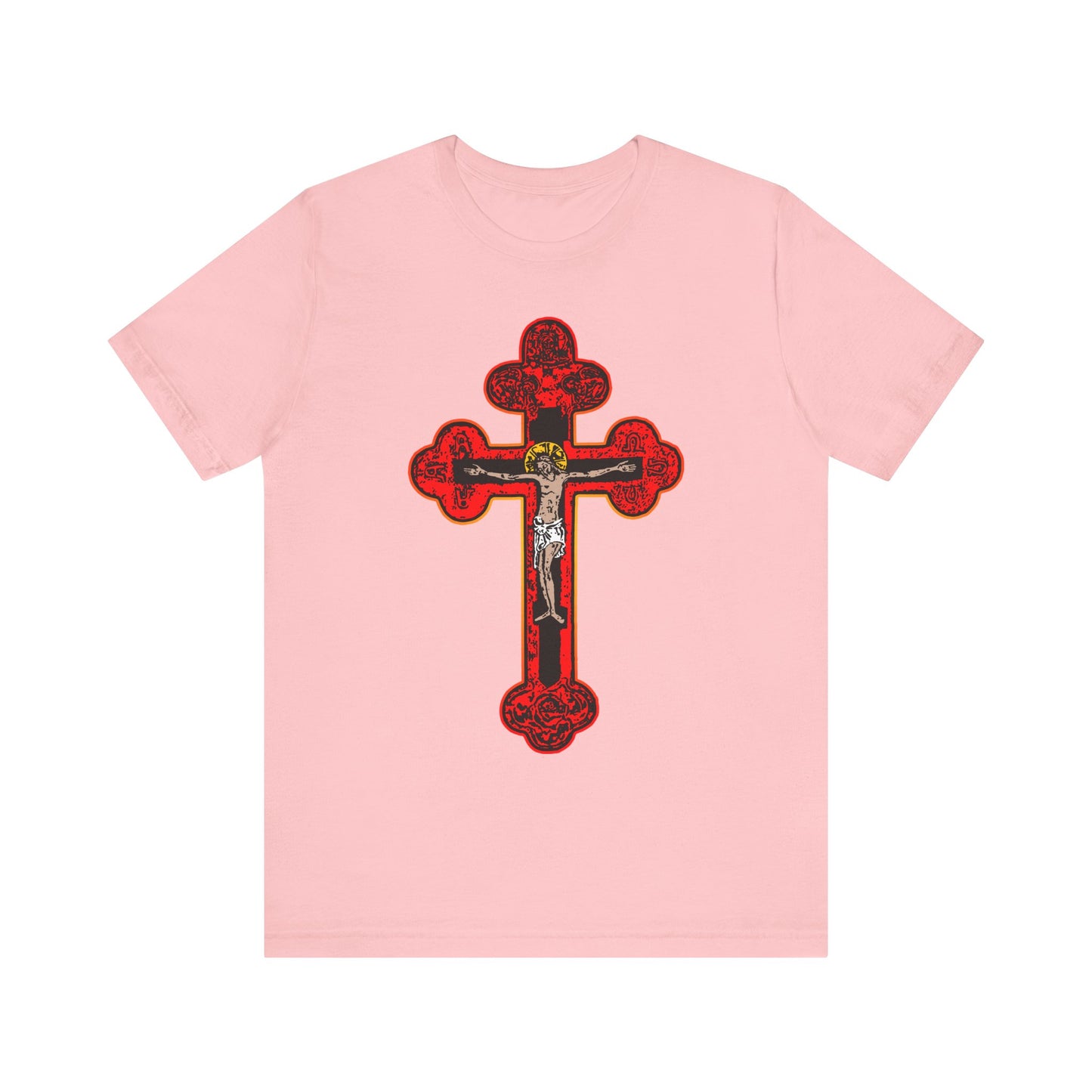 Pink "Red Orthodox Christian Crucifix" T-shirt featuring a large Byzantine Golgotha cross with Alpha & Omega and "I Am Crucified With Christ" design, inspired by faith in the Son of God—crafted in lightweight cotton for a unisex fit.