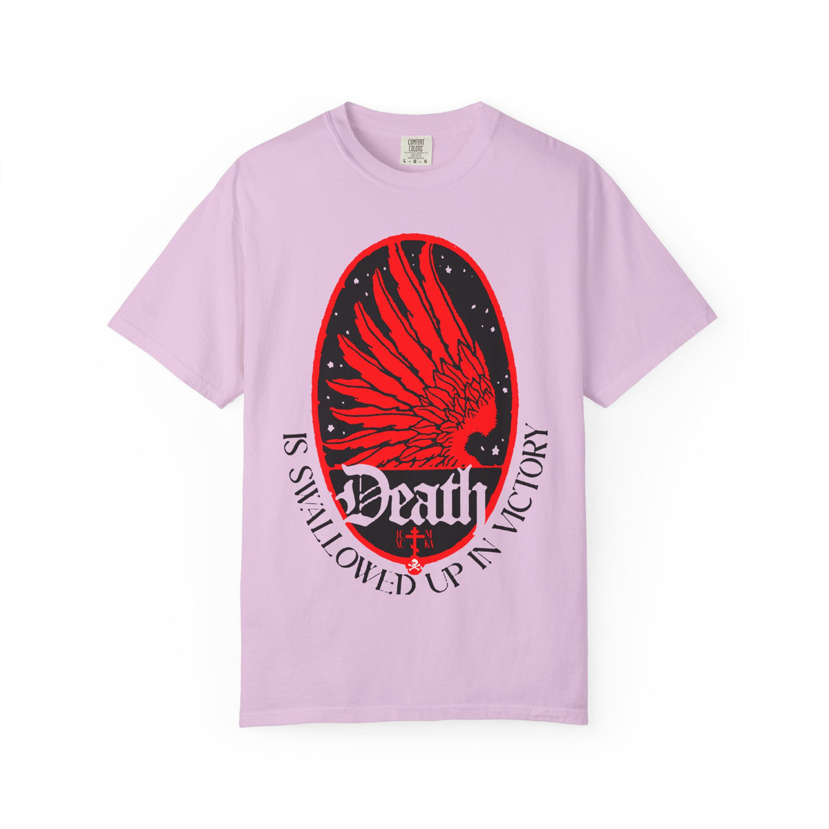 Introducing the “Death is Swallowed Up In Victory (1 Cor 15:54) Art Nouveau Eagle Wing & Stars” Orthodox Christian heavyweight cotton unisex tee in Orchid, featuring a striking red eagle wing design with stars and bold black and white text—a powerful statement of triumph over death and the promise of immortality.