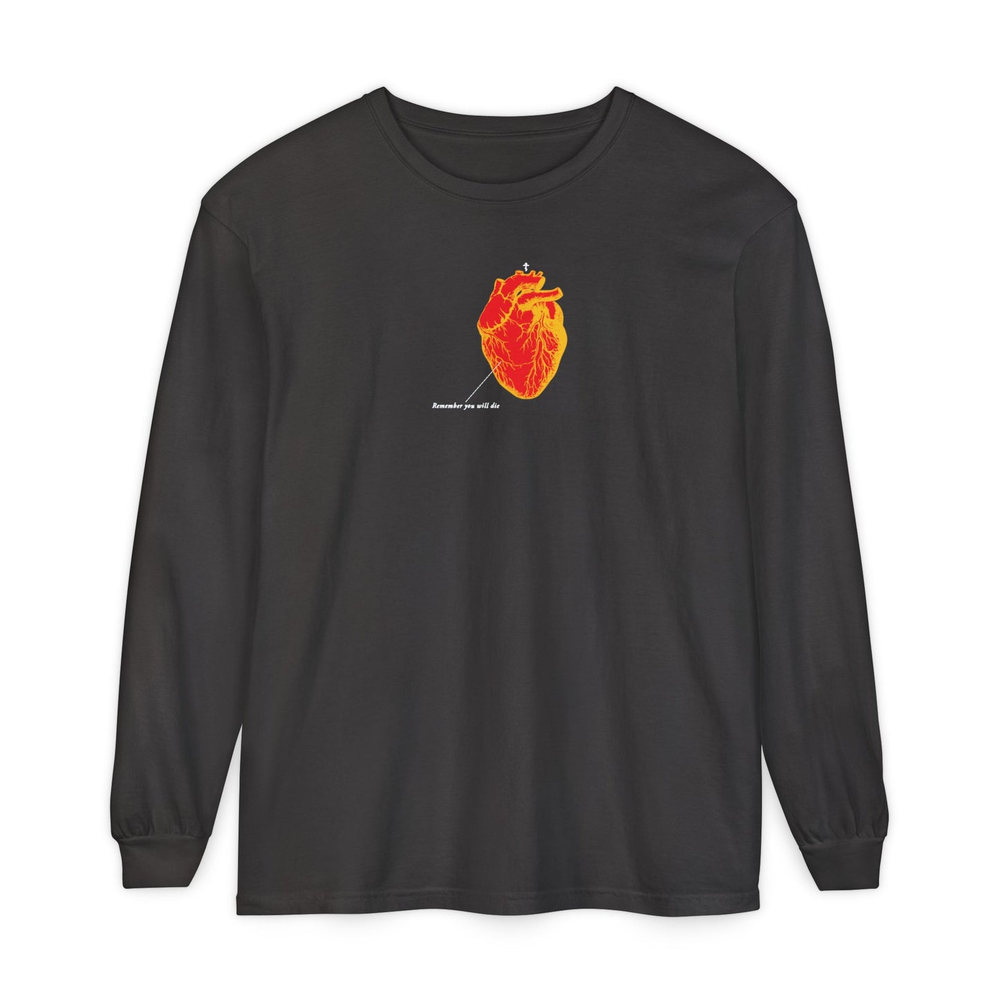 Graphite long-sleeve shirt featuring a retro medical heart design in inverted red and orange, "Remember You Will Die" text, and subtle Christian memento mori theme.