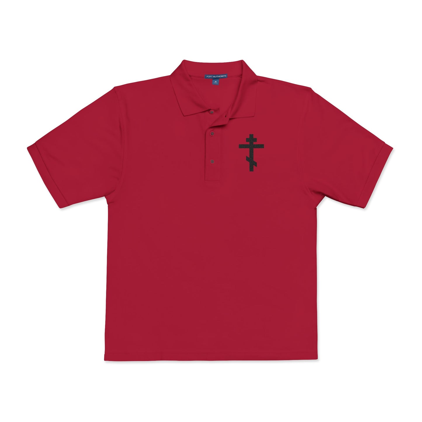 Embroidered Black Orthodox Cross | "May I never boast, except in the cross of our Lord Jesus Christ" (Gal 6:14) | Christian Polo Shirt