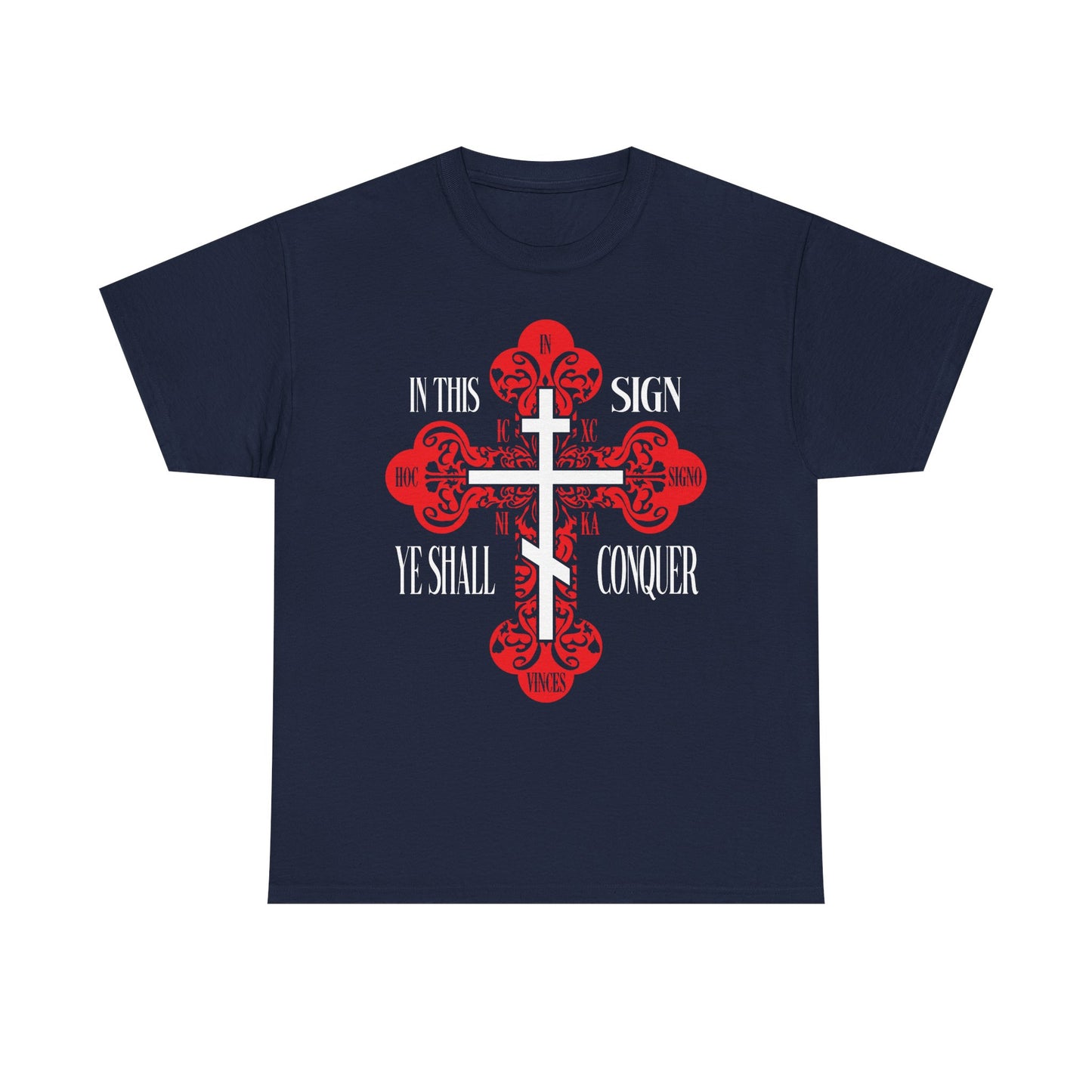 Navy "In This Sign Ye Shall Conquer" heavy cotton t-shirt features a red ornate Orthodox cross and the text ICXC NIKA, inspired by Christ’s victory and the Prayer of the Holy Cross.
