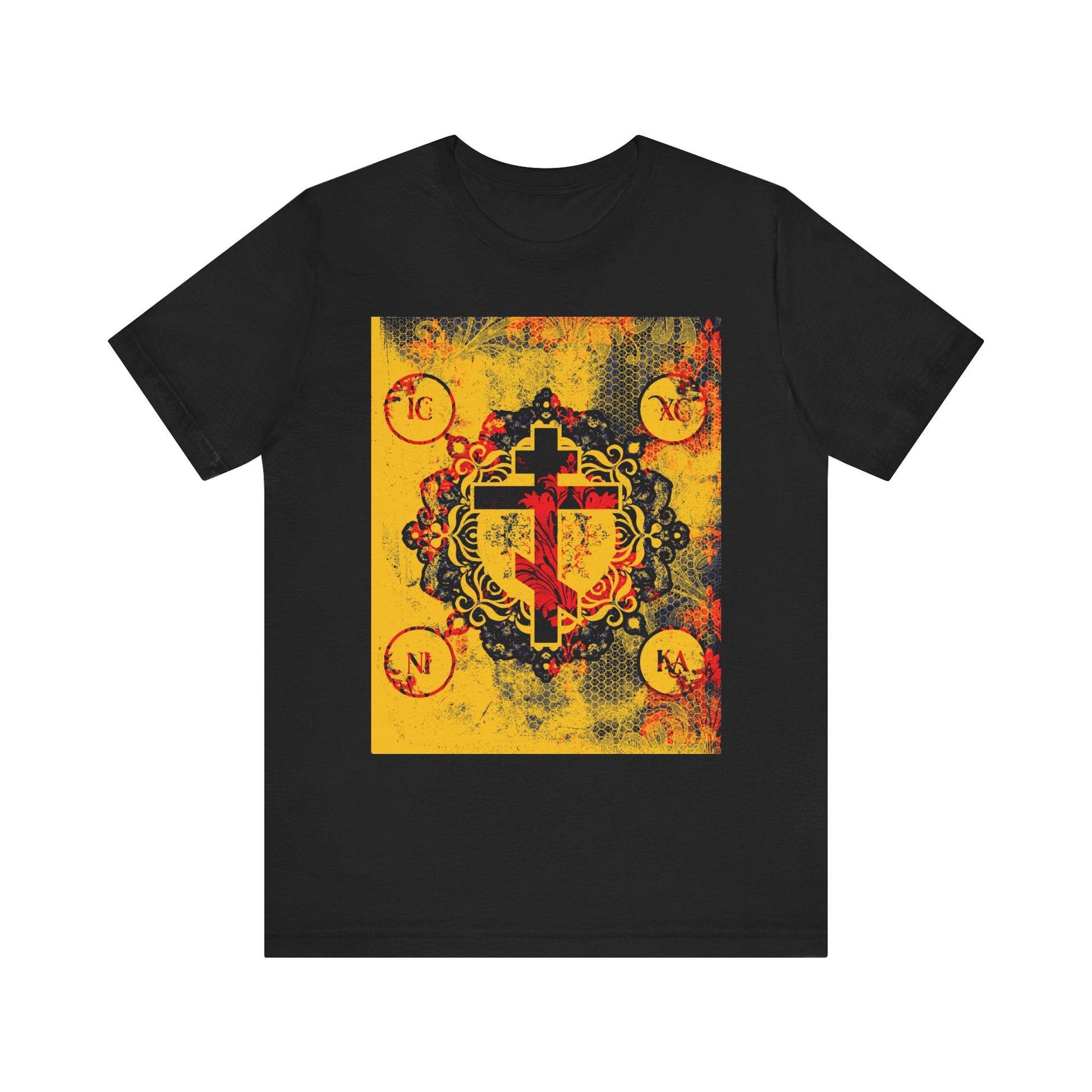 Black IC XC NIKA Orthodox Cross t-shirt with yellow and red modern & medieval floral cross design, inspired by Orthodox Christian themes. Lightweight cotton unisex shirt combines decorative patterns with theological symbolism.