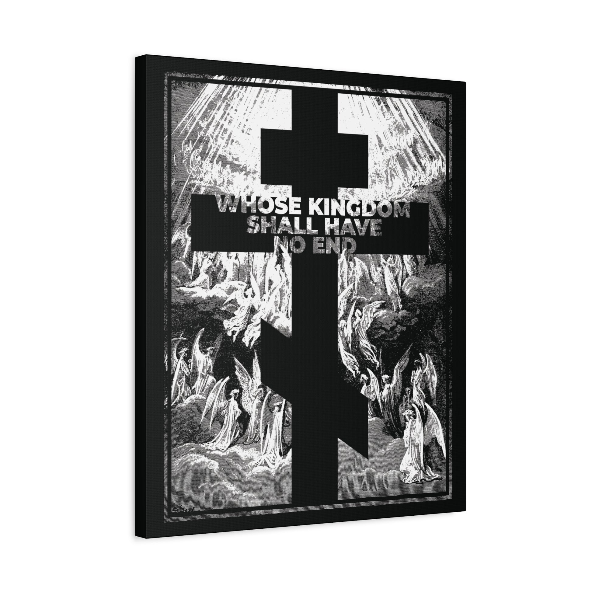 Whose Kingdom Shall Have No End" Orthodox wall art features Gustave Doré’s etching of a black cross over grayscale angels, with bold white text—a striking nod to the Nicene Creed and its enduring faith.