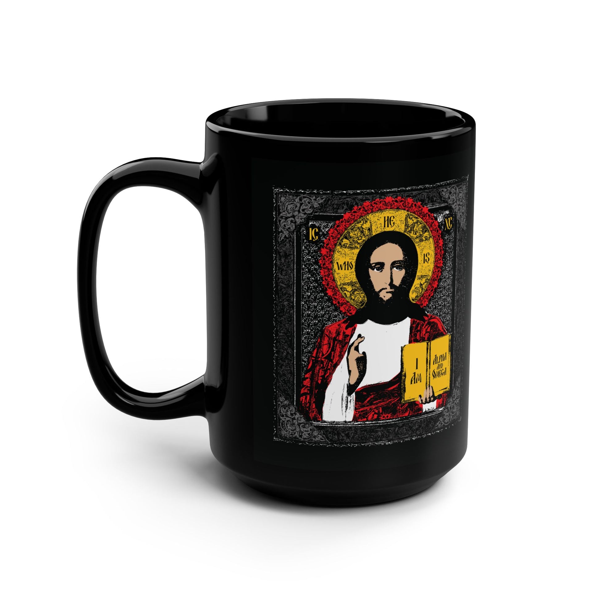 Black mug with Christ Pantocrator iconographic design, featuring "He-Who-Is" and "I Am the Alpha and Omega"—an ancient Orthodox Christian graphic inspired by traditional religious icons.