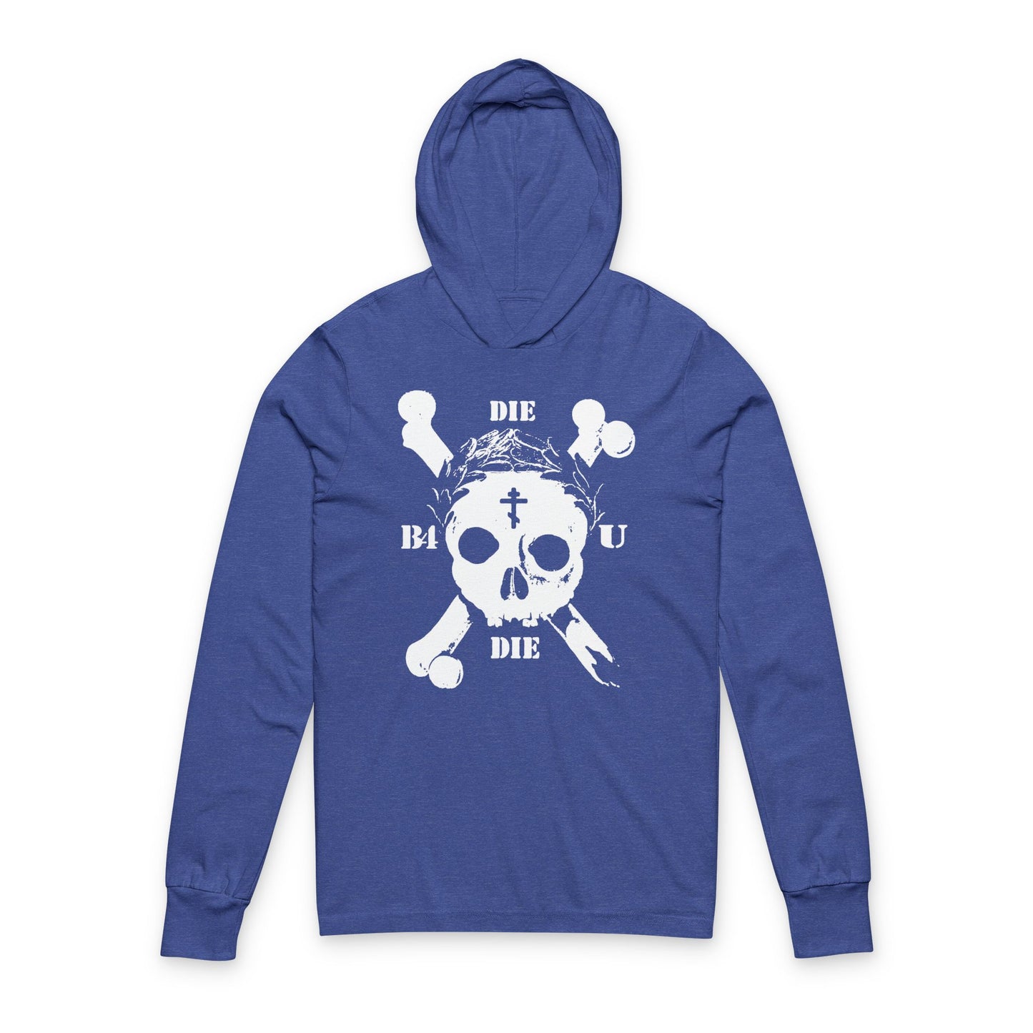 Heather True Royal hooded shirt features a retro skull & crossbones, Orthodox cross, laurel victory wreath, and "Die Before You Die"—a memento mori for ascetic Christians inspired by Matthew 16:24-25.