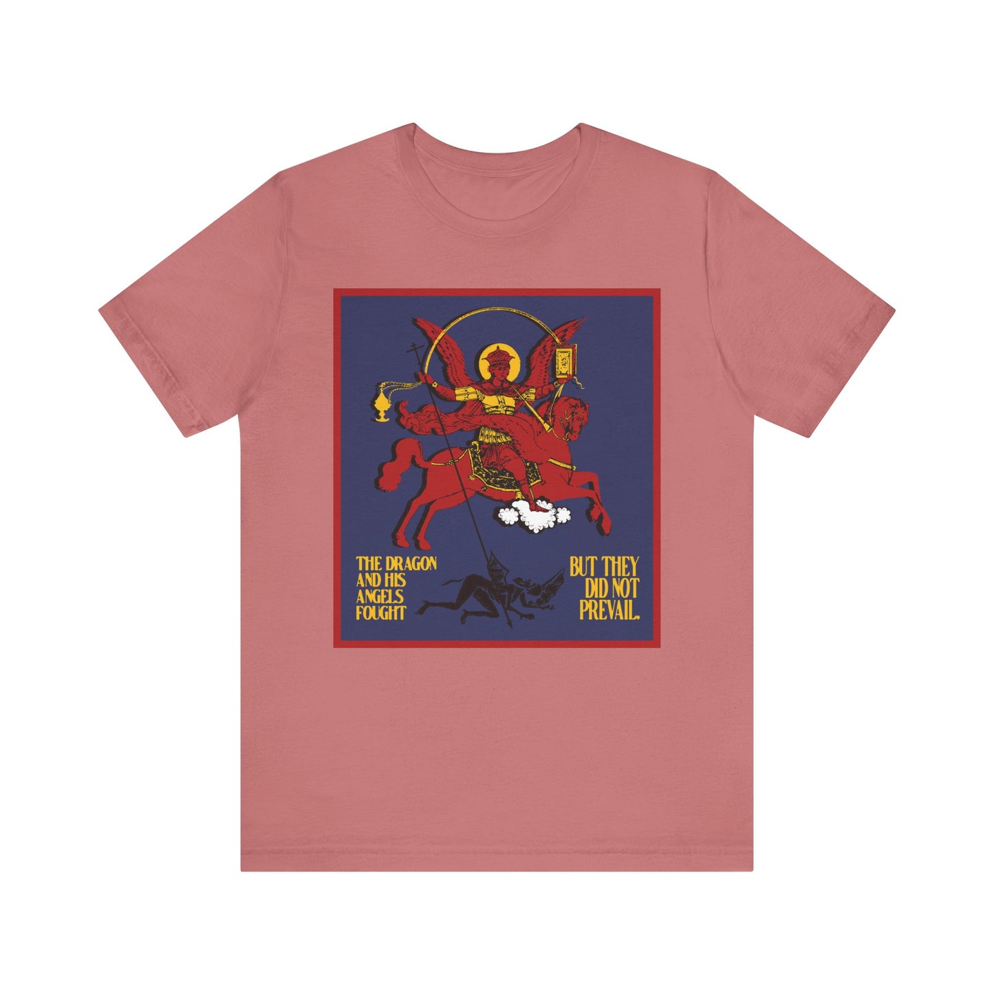 Mauve "Archangel Michael Defeating Satan the Dragon (Rev 12:7-8)" unisex tee—apocalyptic Orthodox Christian iconographic design, lightweight cotton.