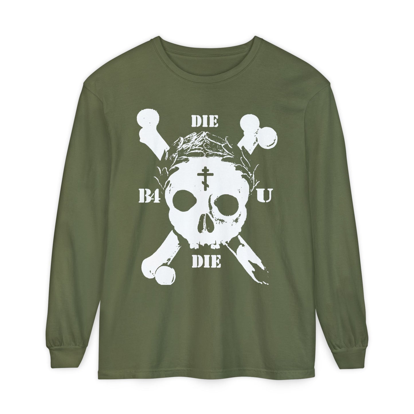 Hemp long sleeve featuring retro skull & crossbones, Orthodox cross, laurel wreath, and “Die Before You Die” graphic—a bold ascetic Christian memento mori inspired by Matthew 16:24-25.
