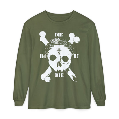 Hemp long sleeve featuring retro skull & crossbones, Orthodox cross, laurel wreath, and “Die Before You Die” graphic—a bold ascetic Christian memento mori inspired by Matthew 16:24-25.