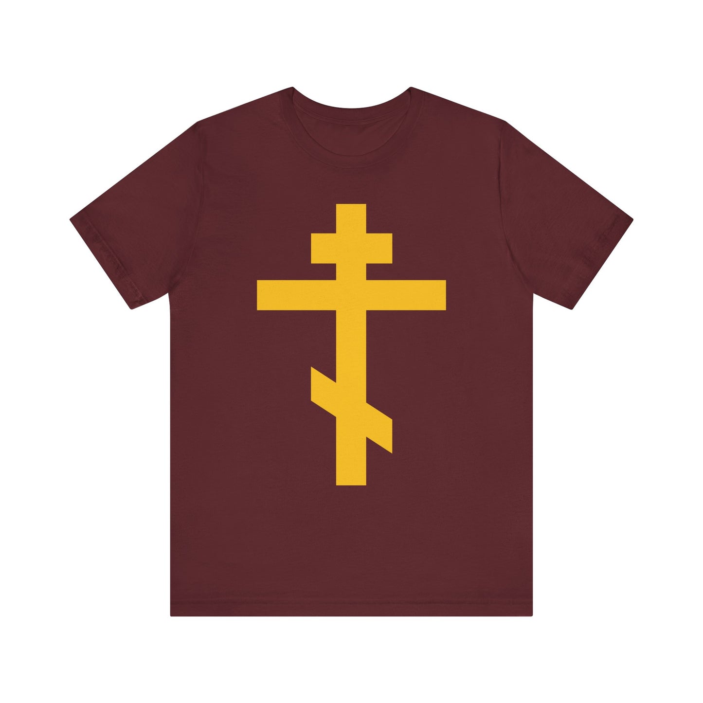 Yellow Orthodox Cross | Precious and Life-Giving Weapon of Unseen Warfare | Scourge of Demons Christian Lightweight Cotton Unisex Tee—a maroon T-shirt featuring a bold yellow Eastern Orthodox cross on the front, inspired by Galatians 2:20 and the theme of being crucified with Christ, making it a powerful choice for Christian meditation and reflection.