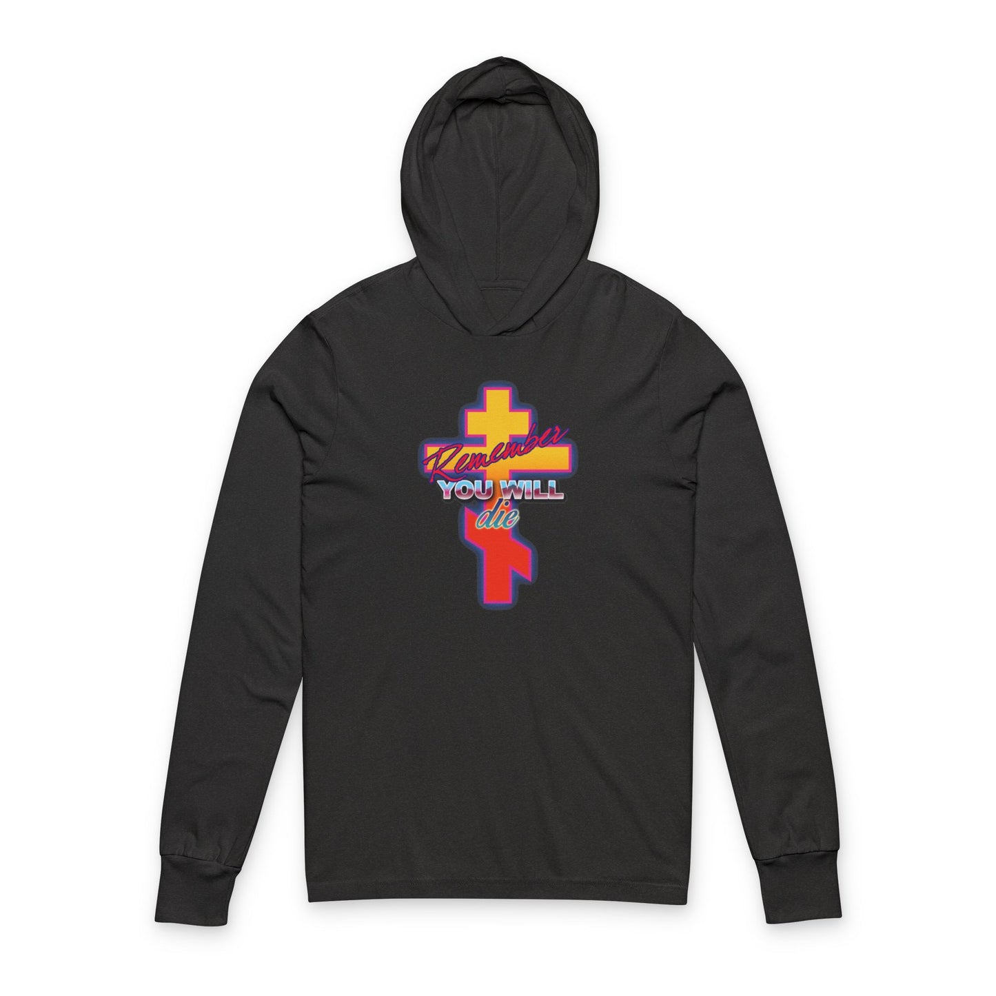 Charcoal Black TriBlend hooded cotton shirt featuring a glowing synthwave retro Orthodox cross and "Vicariously, YOU WILL live" on the front. Remember You Will Die 80s Design—Precious Life-Giving Cross Christian apparel.