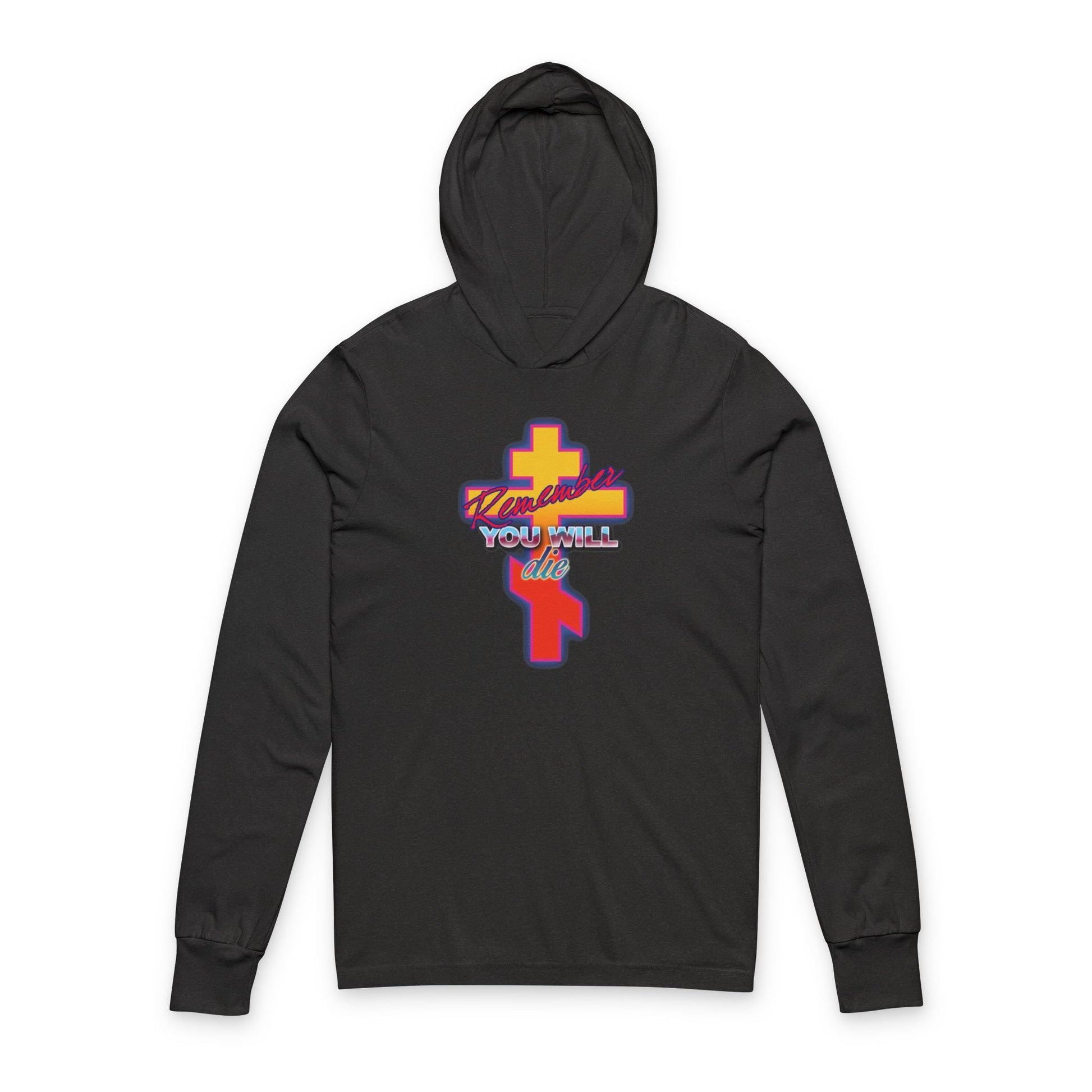 Charcoal Black TriBlend hooded cotton shirt featuring a glowing synthwave retro Orthodox cross and "Vicariously, YOU WILL live" on the front. Remember You Will Die 80s Design—Precious Life-Giving Cross Christian apparel.