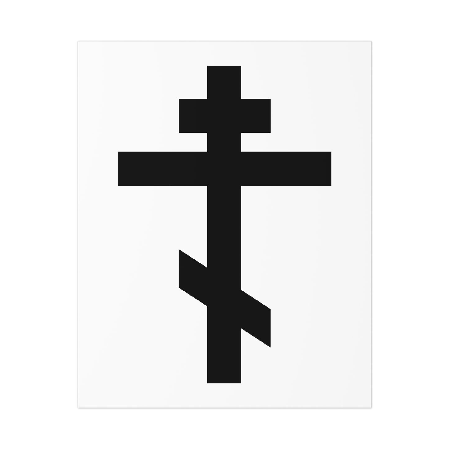 Black Orthodox Cross on white background poster featuring Galatians 6:14: "May I never boast, except in the cross of our Lord Jesus Christ"—a symbol of faith and Orthodox tradition.